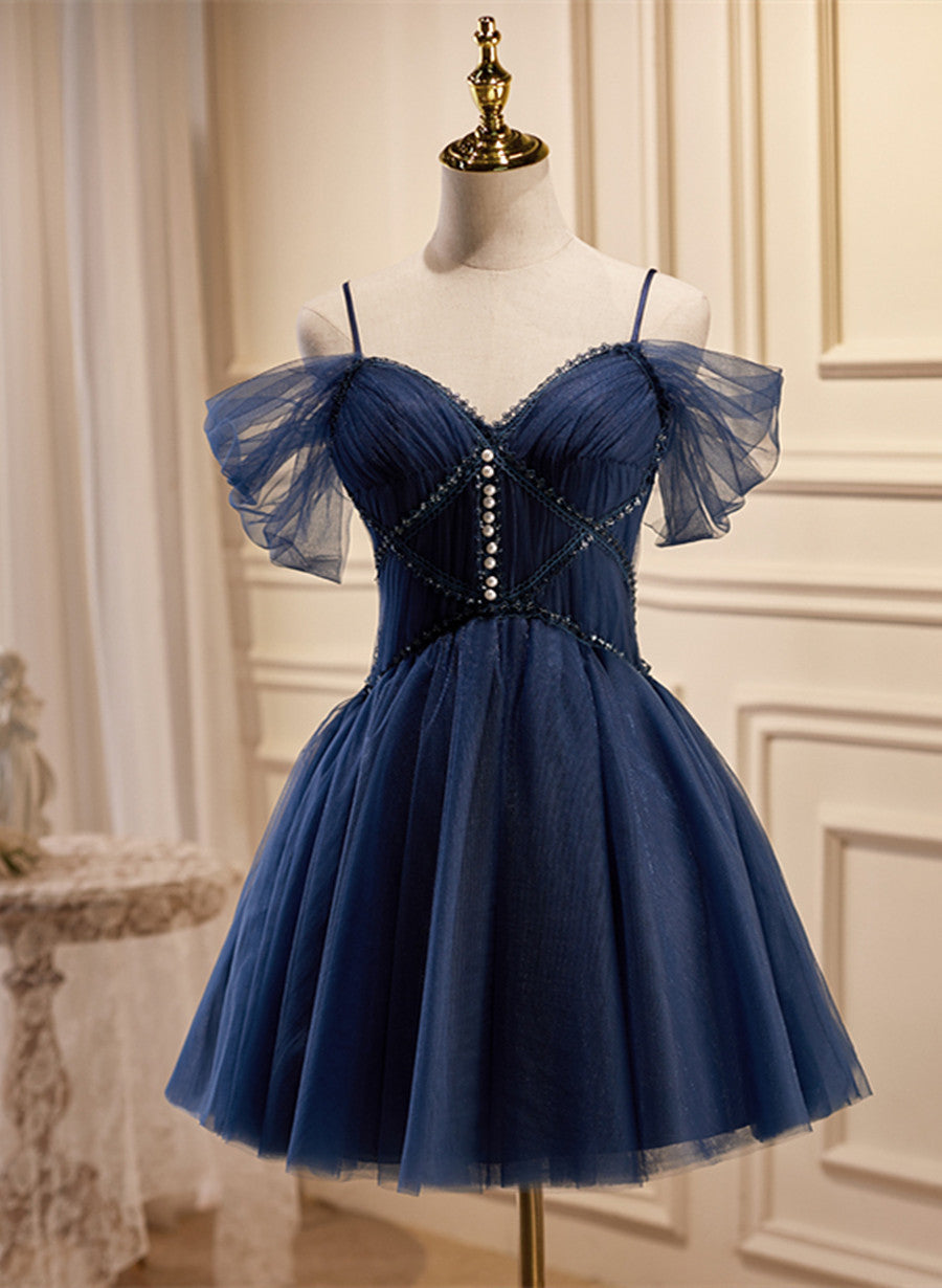 Lovely Blue Short Tulle Prom Dress, Blue Beaded Homecoming Dresses Formal Dress