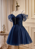 Lovely Blue Short Tulle Prom Dress, Blue Beaded Homecoming Dresses Formal Dress