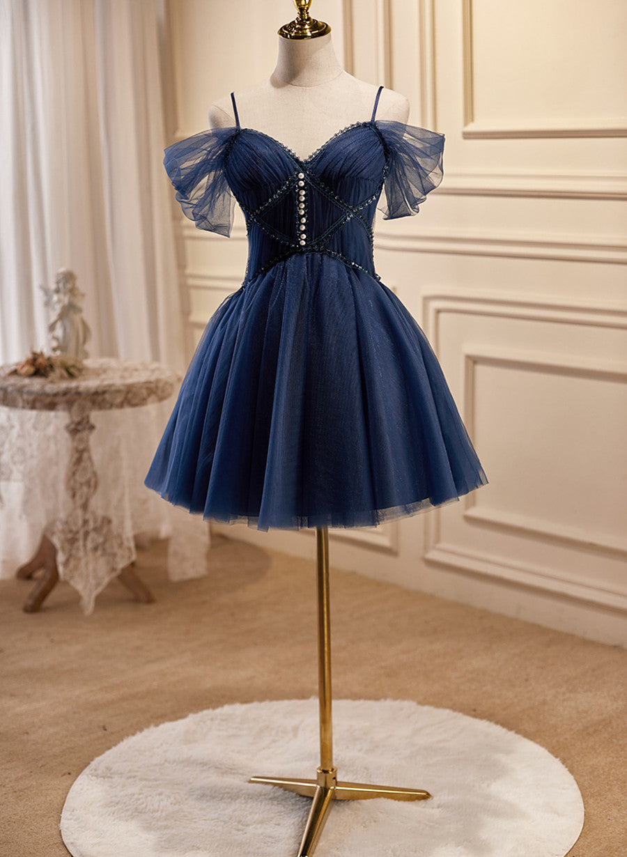 Lovely Blue Short Tulle Prom Dress, Blue Beaded Homecoming Dresses Formal Dress