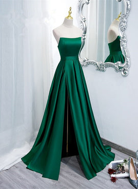 Simple Satin Green Long Evening Dress with Slit, Green A-line Prom Dress