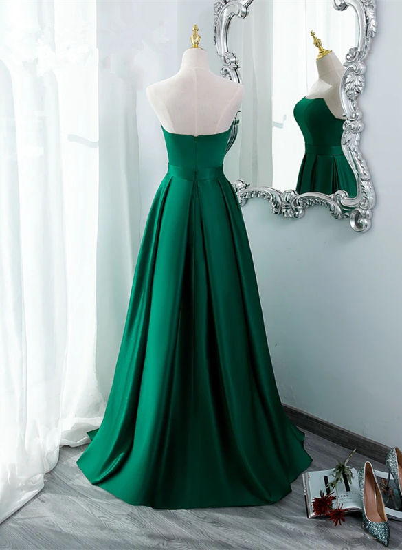 Simple Satin Green Long Evening Dress with Slit, Green A-line Prom Dress