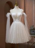 Cute Tulle Ivory Short Party Dress with Lace, Ivory Short Prom Dress