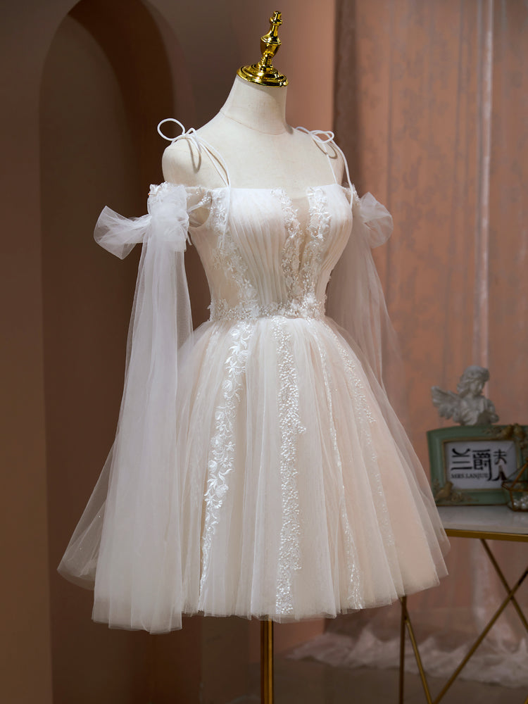 Cute Tulle Ivory Short Party Dress with Lace, Ivory Short Prom Dress