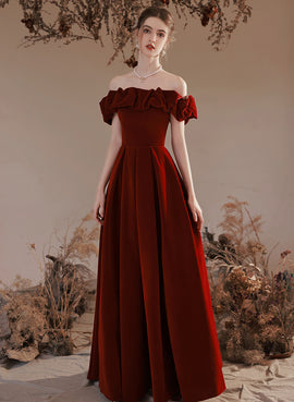 Off Shoulder Velvet Wine Red Long Evening Dresses Prom Dress, A-line Floor Length Party Dress