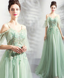 Light Green Tulle with Flower Lace V-neckline Lace-up Party Dress, Green Bridesmaid Dress