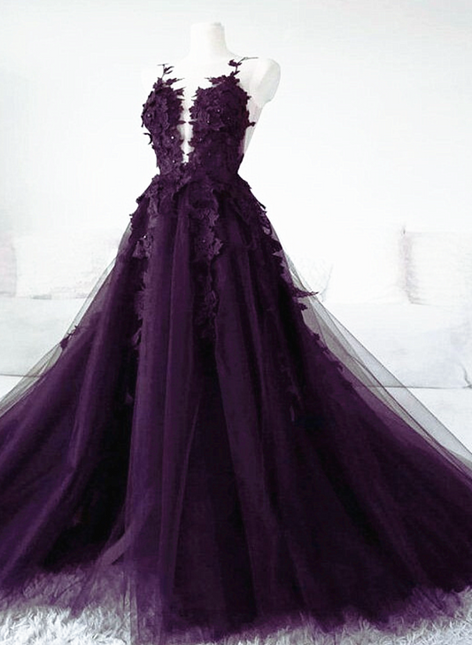 Dark Purple Long Tulle Backless Party Dress, Purple A-line Prom Dress