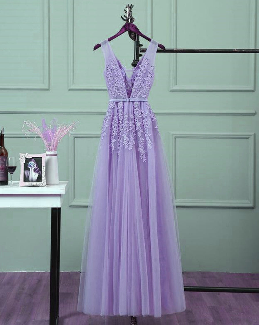 Light Purple Tull Long with Lace Applique Prom Dress, Light Purple Evening Dress