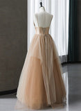 Champagne V-neckline Beaded Tulle Prom Dress, A-line Low Back Party Dress