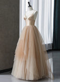 Champagne V-neckline Beaded Tulle Prom Dress, A-line Low Back Party Dress