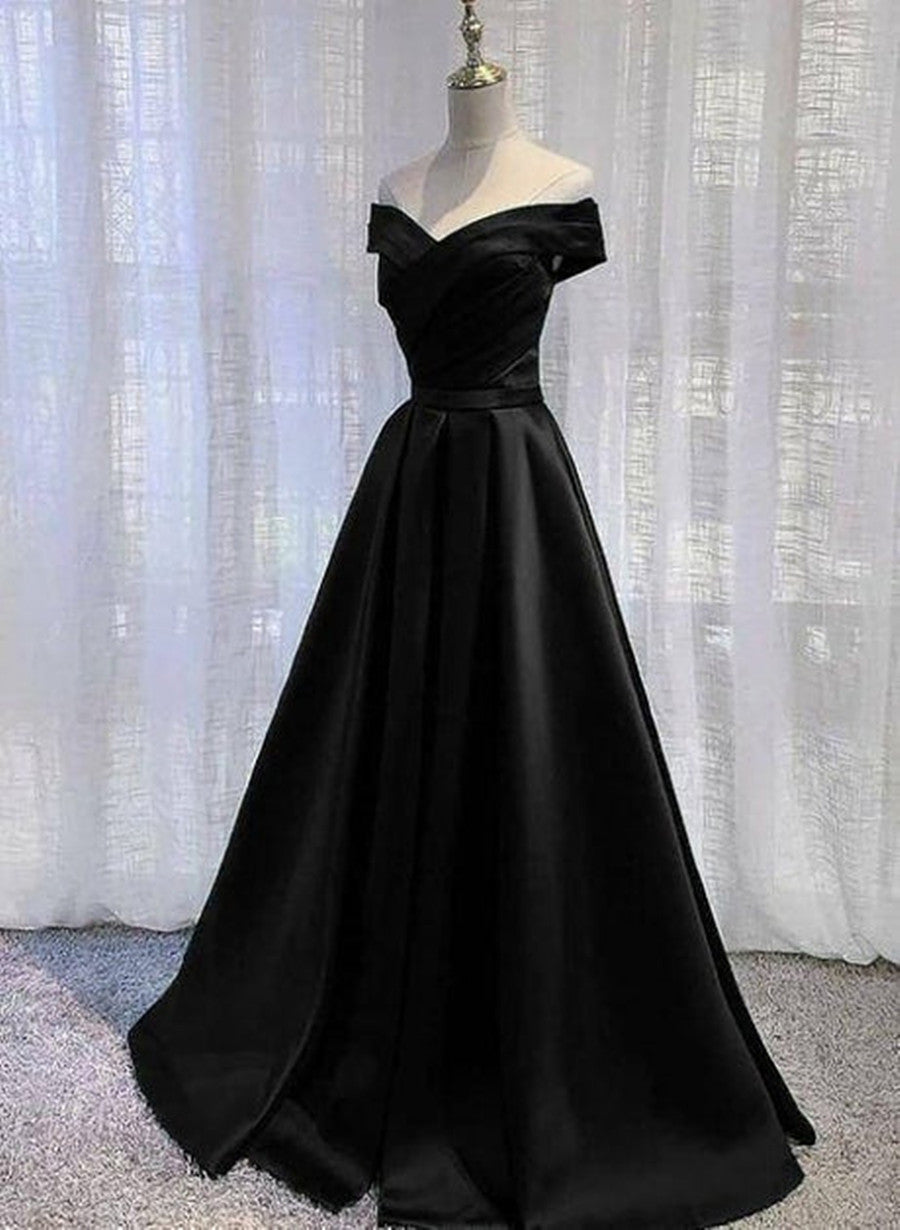 Black Satin Long Off Shoulder Simple Party Dress, Black Wedding Party Dress