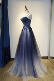 Blue Gradient A-line Tulle Long Formal Dress, Floor Length Prom Dress