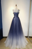 Blue Gradient A-line Tulle Long Formal Dress, Floor Length Prom Dress