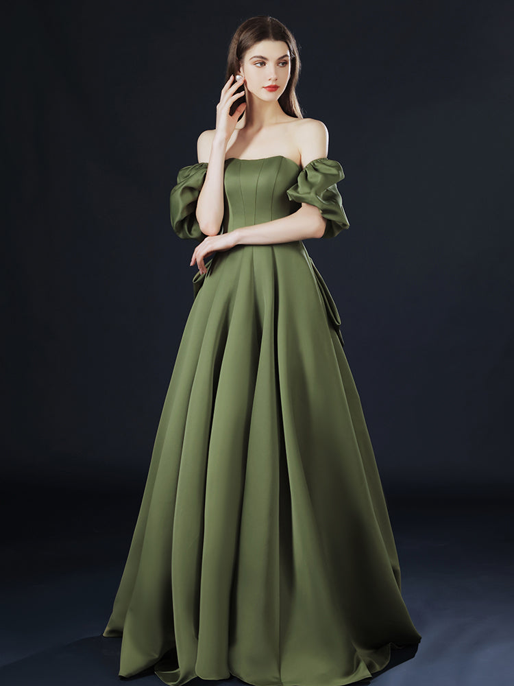 Green Satin Long Short Sleeves Low Back Party Dress, A-line Green Prom Dress