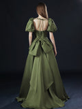 Green Satin Long Short Sleeves Low Back Party Dress, A-line Green Prom Dress