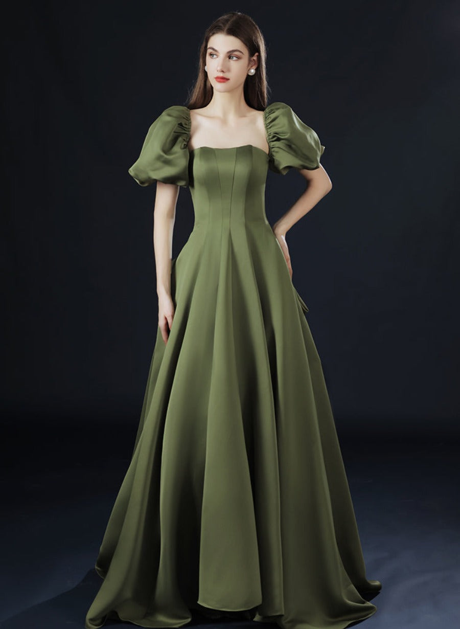 Green Satin Long Short Sleeves Low Back Party Dress, A-line Green Prom