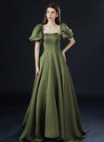 Green Satin Long Short Sleeves Low Back Party Dress, A-line Green Prom Dress