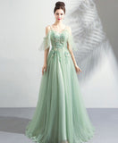 Light Green Tulle with Flower Lace V-neckline Lace-up Party Dress, Green Bridesmaid Dress