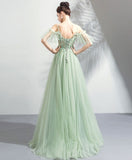 Light Green Tulle with Flower Lace V-neckline Lace-up Party Dress, Green Bridesmaid Dress