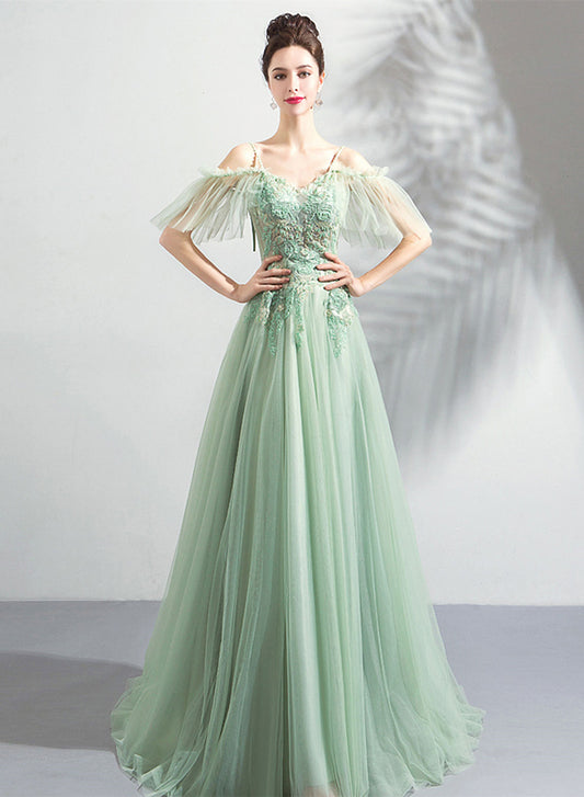 Light Green Tulle with Flower Lace V-neckline Lace-up Party Dress, Green Bridesmaid Dress