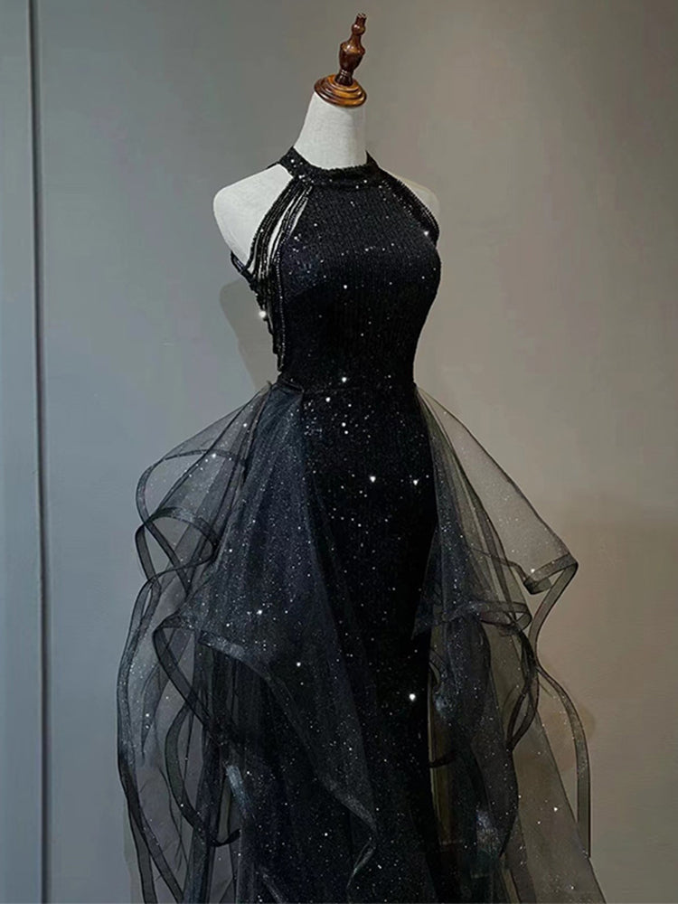 Chic Halter Sequins Black Long Party Dress with Tulle, Black Long Evening Dress