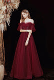 Wine Red Floor Length Tulle with Beadings Party Dress, A-line Tulle Prom Dress