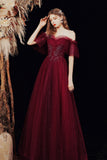 Wine Red Floor Length Tulle with Beadings Party Dress, A-line Tulle Prom Dress