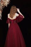 Wine Red Floor Length Tulle with Beadings Party Dress, A-line Tulle Prom Dress