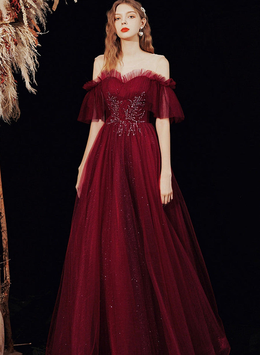 Wine Red Floor Length Tulle with Beadings Party Dress, A-line Tulle Pr