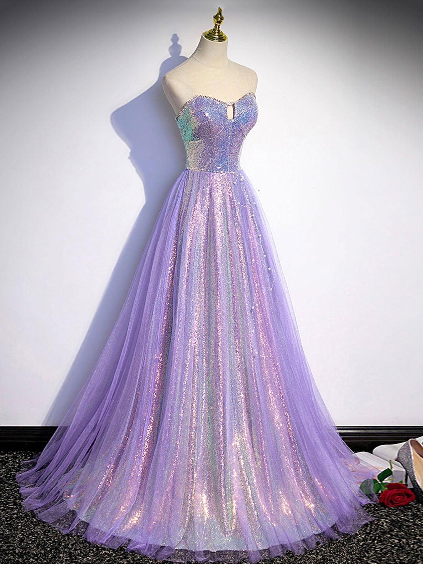 Light Purple Sweetheart Sequins Long Party Dress, A-line Sequins Forma ...