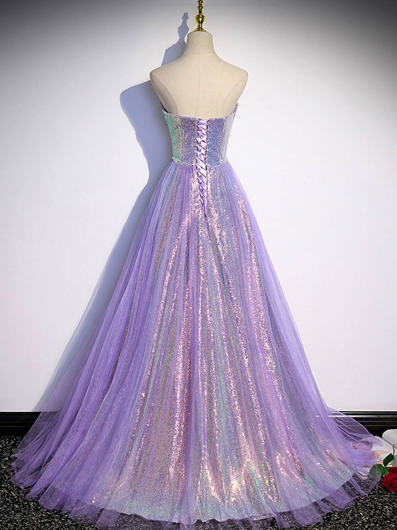 Light Purple Sweetheart Sequins Long Party Dress, A-line Sequins Formal Dress