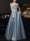 Blue Satin A-line Long Formal Dress with Leg Slit, Blue Simple Prom Dress