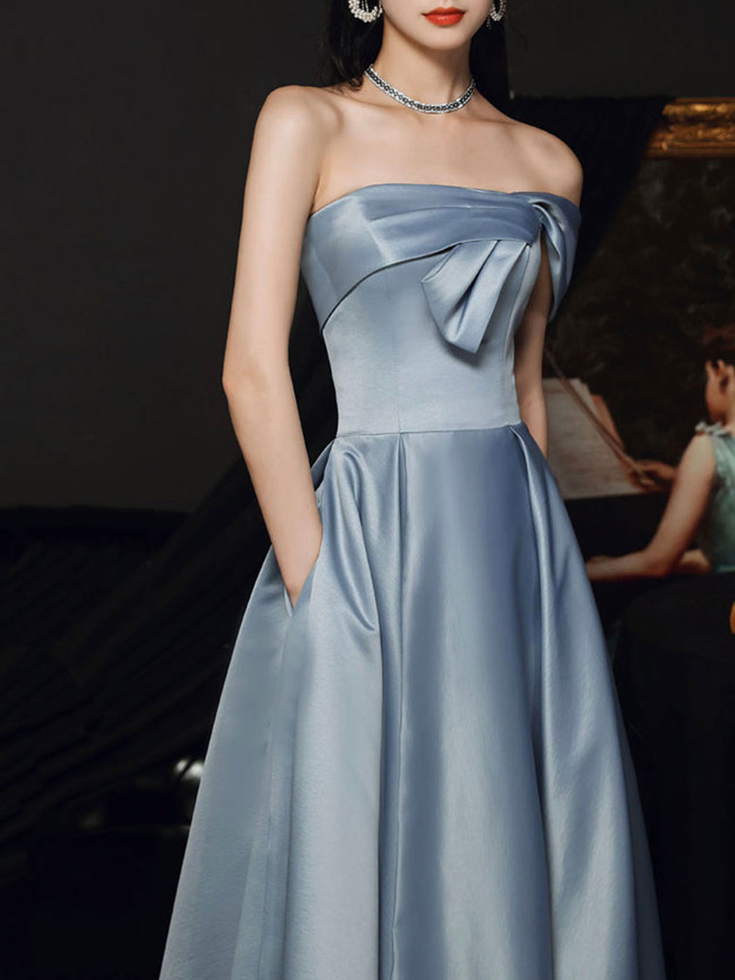 Blue Satin A-line Long Formal Dress with Leg Slit, Blue Simple Prom Dress