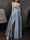 Blue Satin A-line Long Formal Dress with Leg Slit, Blue Simple Prom Dress