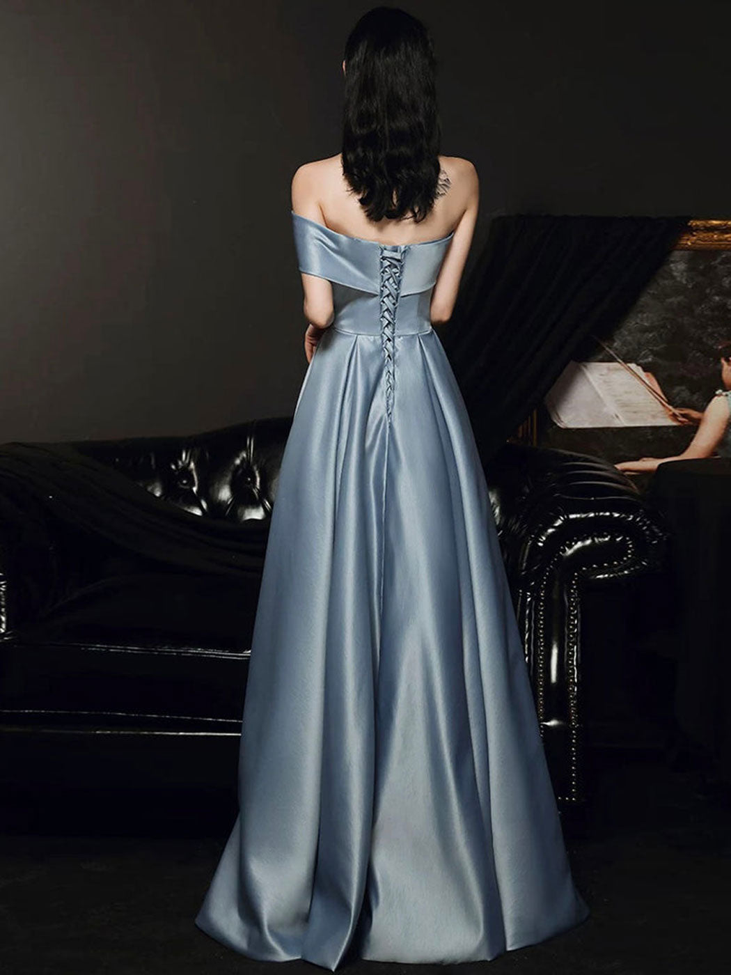 Blue Satin A-line Long Formal Dress with Leg Slit, Blue Simple Prom Dress