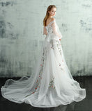 White Tulle with Flower Lace Long Formal Dress, A-line White Wedding Party Dress