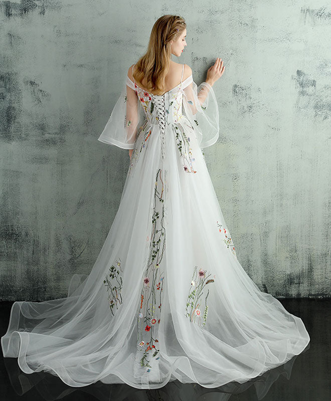 White Tulle with Lace Off Shoulder Long Formal Dress, White Long Wedding Party Dress