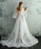 White Tulle with Flower Lace Long Formal Dress, A-line White Wedding Party Dress