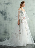 White Tulle with Flower Lace Long Formal Dress, A-line White Wedding Party Dress